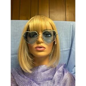 Bebe Heart-Shaped Sunglasses–SilverTone w Rhinestone Trim n Blue Lenses-(NWT)